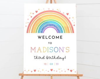 Rainbow Birthday Welcome Sign, Colorful Rainbow Party Welcome Poster, Printable, Editable, Personalized | MADISON