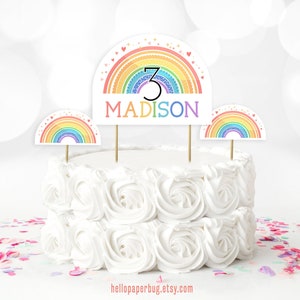 Rainbow Cake Topper, Birthday Table Decor, Printable Centerpieces, Personalized || Instant Access Editable with Jet Template || MADISON