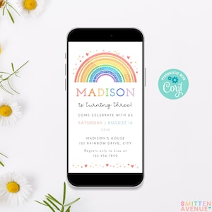 Rainbow Birthday Evite Editable Electronic Invitation for iPhone Smartphone Colorful Summer Party Invitation Corjl Template SA2
