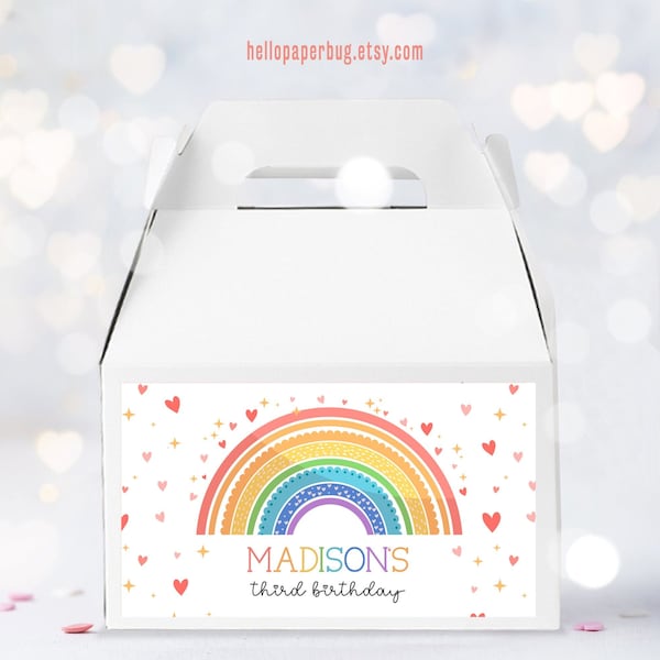 Rainbow Party Gable Box Label, Colorful Birthday Gift Box, Personalized || Instant Access Editable with Jet Template || MADISON