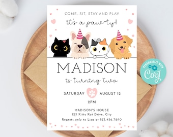 Cat and Dog Party Invitation Lets Pawty Birthday Puppy and Kitten Birthday Pet Adoption Party Editable Corjl Template SA25