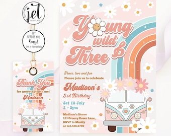 Editable Groovy Young Wild and THREE Pink Peach Van Daisy Rainbow 3RD BIRTHDAY Hippie Party Invitation | Instant Download Template | H35