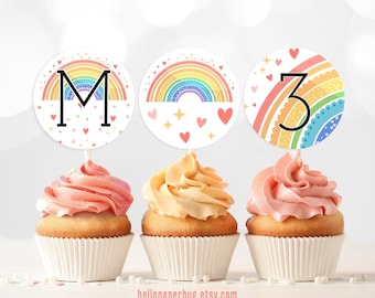 Rainbow Cupcake Toppers, Colorful Birthday Favor Tags, Personalized Digital File || Instant Access Editable with Jet Template || MADISON