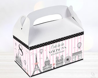 Paris Theme Gable Box Label, Paris Birthday Party Favors, Parisian Party Favors | Instant Access Editable with Jet Template | H24