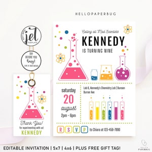 Convites para cientistas malucos, convites para festas científicas, convites para festas de experimentos científicos, coloridos | Modelo de download instantâneo para impressão | H31