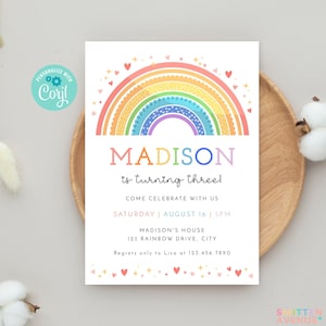 Rainbow Birthday Invitation Template Printable Rainbow Party Invite Girl Colorful Modern Summer Editable Corjl Template SA2