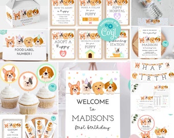 Lets Pawty Party Bundle in Rainbow Printable Puppy Party Decor Puppy Adoption Birthday Favors Party Signs Editable Corjl Template SA23