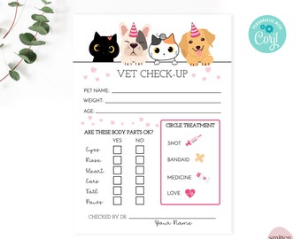 Vet Check Up Exam Sheet Adopt A Pet Check-Up Cat Dog Birthday Party Hospital Party Game Editable Corjl Template or Print As Shown SA25