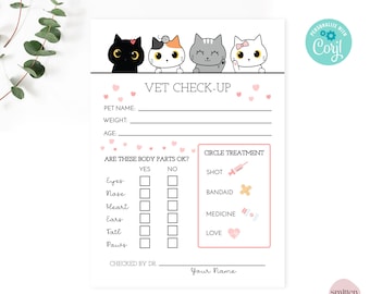 Vet Check Up Exam Sheet Adopt A Kitty Pet Check-Up Kitten Birthday Party Hospital Party Game Editable Corjl Template or Print As Shown SA24