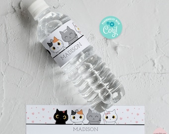 Kitten Water Bottle Labels Cat Birthday Water Wraps Kitty Party Favors Pet Adoption Favors Editable Corjl Template SA24