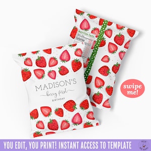 Berry First Chips Bag with Personalization, Cute Strawberry Birthday Party Favors Instant Access Editable with Jet Template MADY image 1