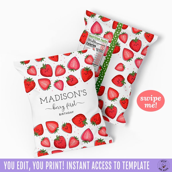 Berry First Chips Bag with Personalization, Cute Strawberry Birthday Party Favors | Instant Access Editable with Jet Template | MADY