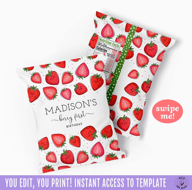 Berry First Chips Bag with Personalization, Cute Strawberry Birthday Party Favors Instant Access Editable with Jet Template MADY image 1