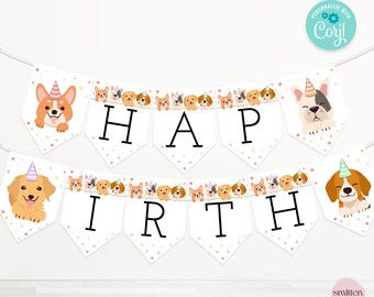 Lets Pawty Happy Birthday Banner Template Editable Rainbow Puppy Party Sign Printable Dog Adoption Party Supplies Edit with Corjl SA23