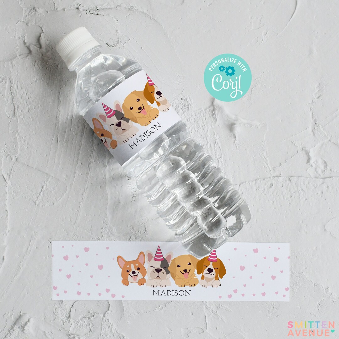 Puppy Water Bottle Labels Pink Dog Birthday Water Wraps Lets Pawty ...