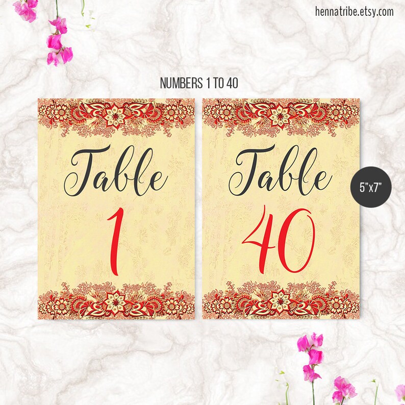 ARIA Hindu Wedding Table Numbers Instant DOWNLOAD Red Indian Wedding Decor Printable Numbers DIY 5x7 Numbers 1-40