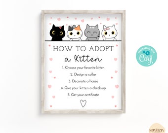 How To Adopt A Kitten Sign Adoption Process Sign Kitty Adoption Birthday Party Cat Lover Birthday Editi with Corjl or Print As Shown SA24