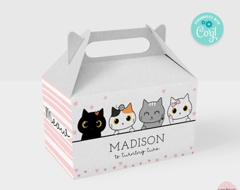 Kitty Cat Gable Box Label Template Printable Lets Pawty Cat Birthday Gift Box Label Kitten Adoption Party Favors Edit with Corjl SA24