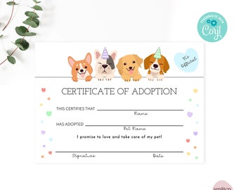 Lets Pawty Adoption Certificate Rainbow Puppy Party Printable Party Favors Adopt a Pet Game Edit with Corjl or Print As Shown SA23