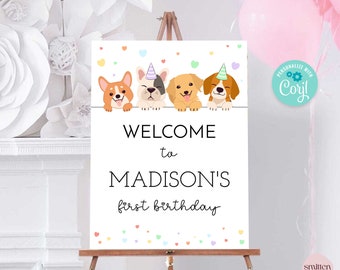 Lets Pawty Welcome Sign Rainbow Puppy Party Sign Dog Birthday Decor Pet Adoption Welcome Sign Editable Corjl Template SA23