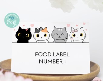 Kitten Food Labels Cat Birthday Party Tent Cards Kitty Party Table Decor Printable Template Editable with Corjl SA24