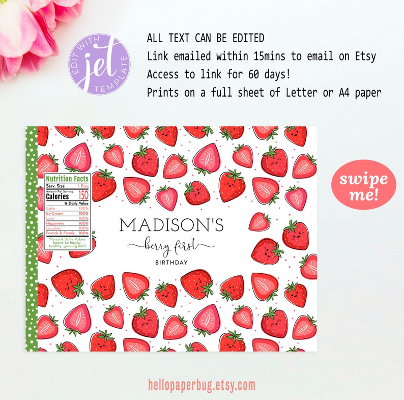 Berry First Chips Bag with Personalization, Cute Strawberry Birthday Party Favors Instant Access Editable with Jet Template MADY image 2