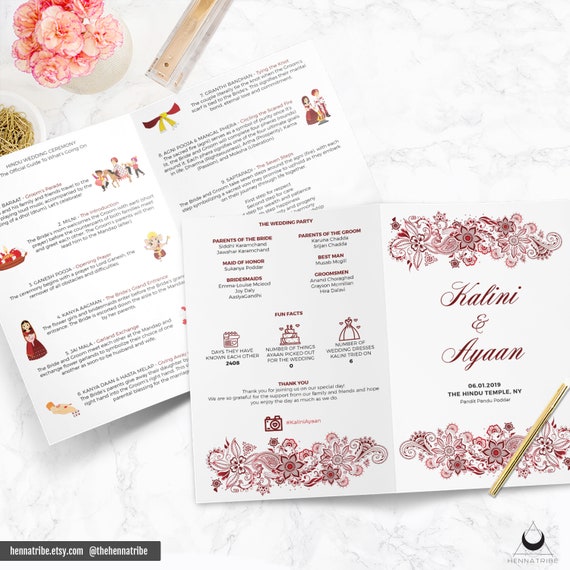 Indian Wedding Program Bi Fold For Hindu Ceremony Floral Henna