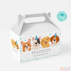 Lets Pawty Gable Box Label Template Printable Dog Birthday Party Gift Box Label Puppy Party Favors Edit with Corjl SA6