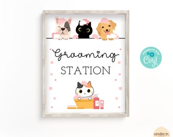 Pet Grooming Station Sign Cat Party Signs Kitty Adoption Party Adopt A Puppy Dog Lover Birthday Edit with Corjl or Print As Shown SA25