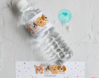 Puppy Water Bottle Labels Rainbow Dog Birthday Water Wraps Lets Pawty Favors Pet Adoption Party Favors Editable Corjl Template SA23