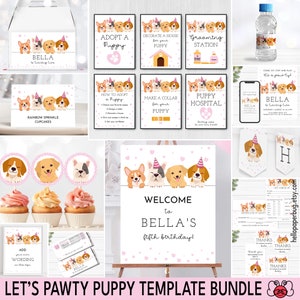 Lets Pawty Template Bundle, Printable Puppy Party Decor, Puppy Adoption Birthday Favors, Party Signs | You Edit Instant Access | SA5