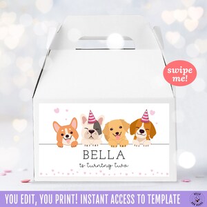 Lets Pawty Gable Box Label, Birthday Party Gift Box, Puppy Dog Favors || Instant Access Editable with Jet Template || HPB02