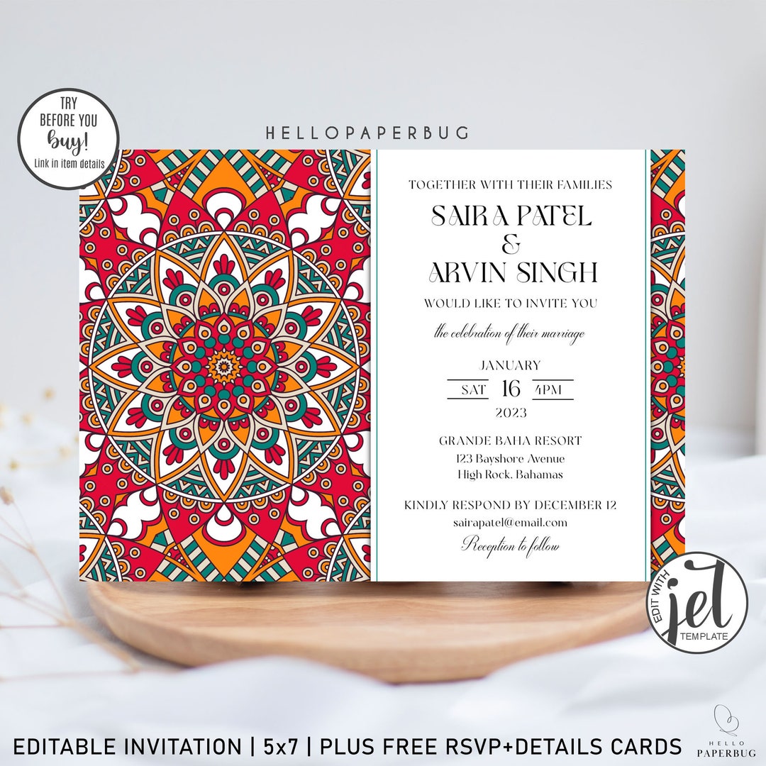 Hindu Wedding Invitation Template, Indian Wedding Card Digital Template, Moroccan, Desi, Sangeet