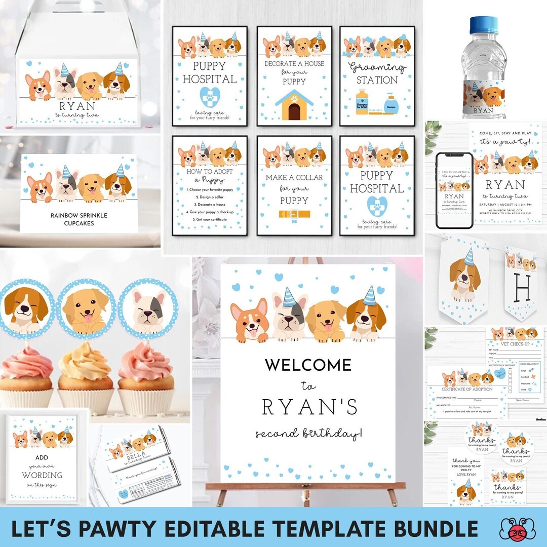 Puppy Party Template Bundle, Printable Lets Pawty Decor, Puppy Adoption ...