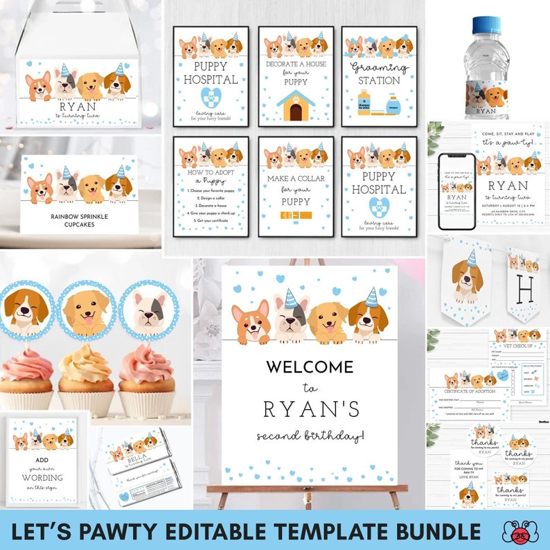 Puppy Party Template Bundle Printable Lets Pawty Decor Puppy - Etsy