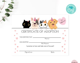 Pet Adoption Certificate Adopt A Pet Printable Party Favors Cat and Dog Birthday Party Games Edit with Corjl or Print As Shown SA25