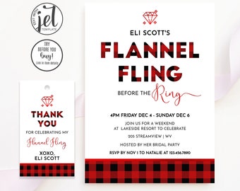 Flannel Fling Bachelorette Weekend Invitation with Itinerary, Woods, Winter, Fall Party | Instant Access Editable Jet Template | HBP16