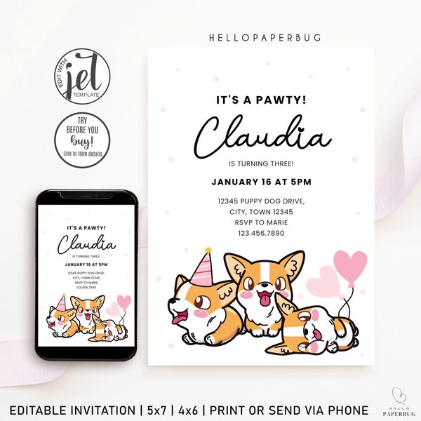 Lets Pawty Invitation, Corgi Puppies Birthday Invitation, Dog Party, Adopt A Pet Invite | Instant Access Editable with Jet Template | | H13