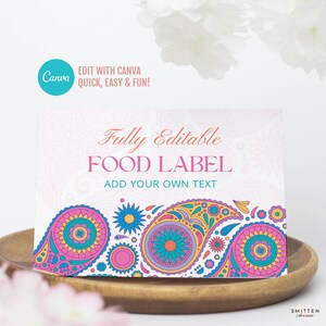 Modelo de etiquetas de alimentos sangeet cartões de tenda de casamento indiano mehndi henna cartões de lugar noturno casamento marroquino decoração desi de casamento hindu | Canva SA31