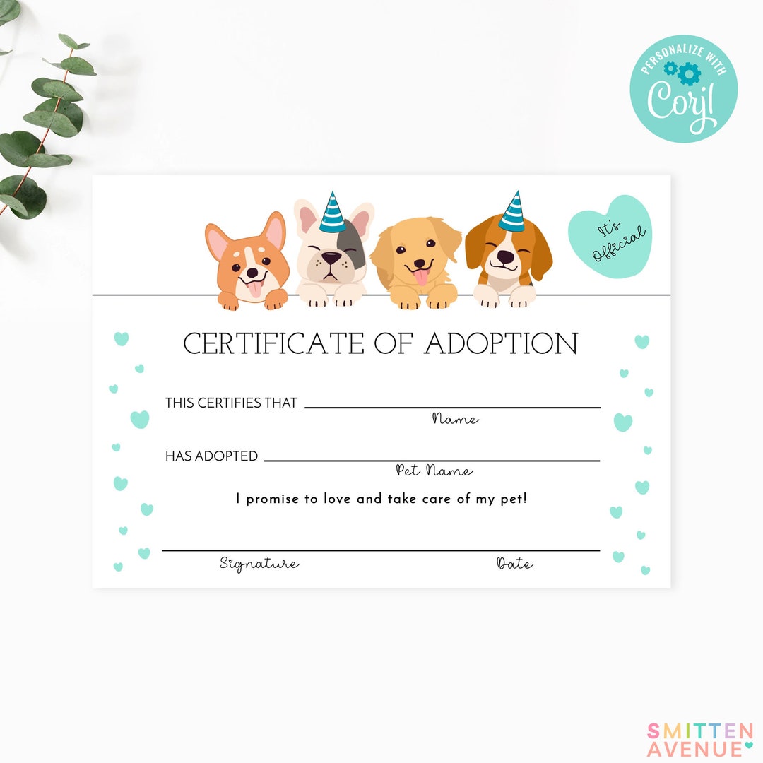 Puppy Adoption Certificate Lets Pawty Party Games Printable Adopt A Pet ...