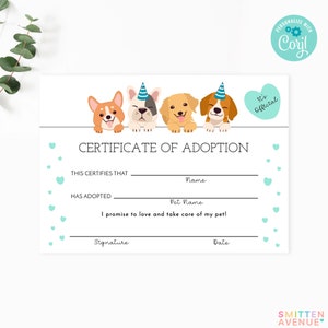 Puppy Adoption Certificate Lets Pawty Party Games Printable Adopt A Pet Activity Editable Corjl Template or Print As Shown SA6