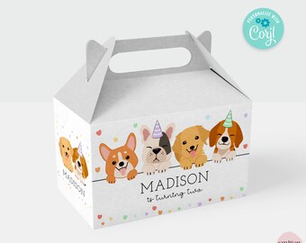 Lets Pawty Gable Box Label Template Rainbow Printable Dog Birthday Party Gift Box Label Puppy Party Favors Edit with Corjl SA23