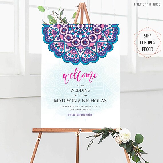 Mandala Wedding Welcome Sign for Indian Bollywood Boho Wedding, Sangeet Mehndi Night