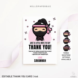 Ninja Mädchen Dankeskarte, Karate Martial Arts Geburtstagsparty Dankeskarte | Druckbare Sofort Download Vorlage | H22