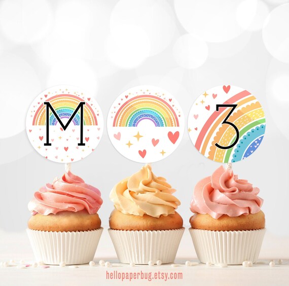 Rainbow Cupcake Toppers, Colorful Birthday Favor Tags, Personalized