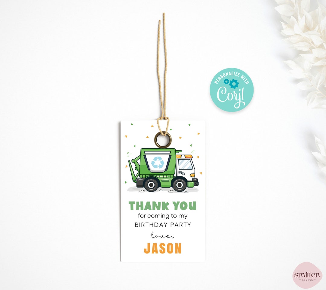 Editable Trash Truck Gift Tags Printable Garbage Truck Birthday Favor