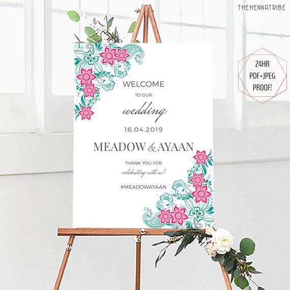 Henna Flowers Wedding Welcome Sign for Indian Bollywood Boho
