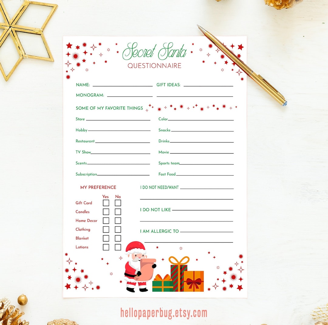 Printable Secret Santa Questionnaire for Work, Family, Adults, Women