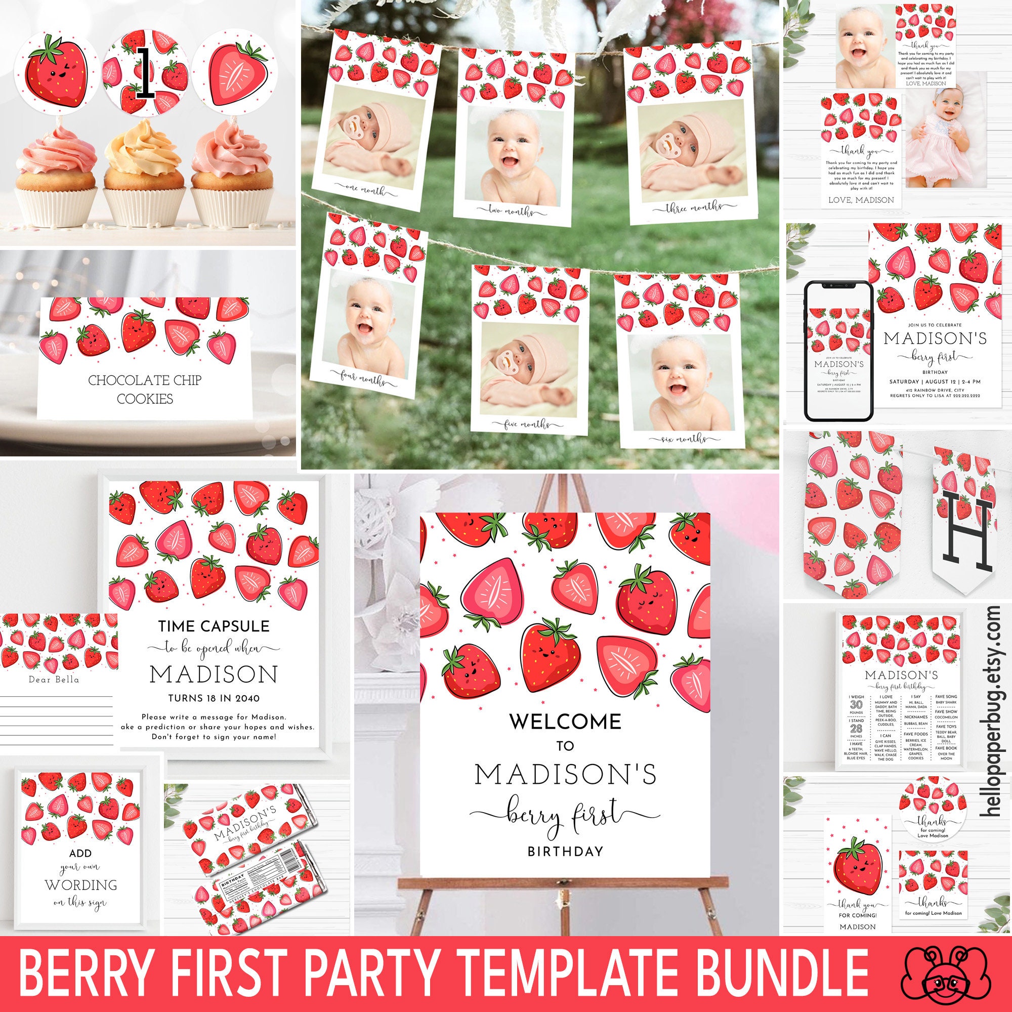 Berry First Birthday Template Bundle Printable Cute - Etsy