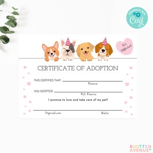 Lets Pawty Adoption Certificate Puppy Party Printable Party Favors Adopt a Pet Game Edit with Corjl or Print As Shown SA5